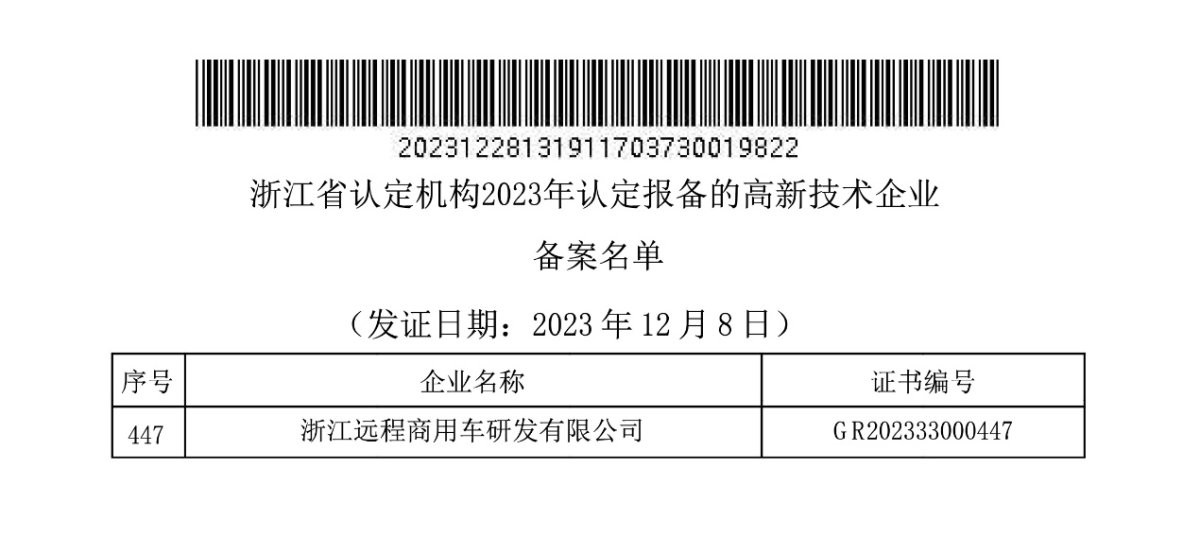 远程商用车顺利通过高新技术企业认定(图1) 远程商用车顺利通过高新技术企业认定(图1)